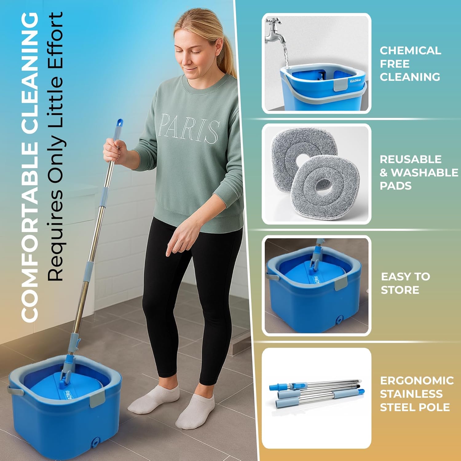 IGADMop Professional Set with Bucket, 2 Chamber System for Separating Dirty and Clean Water, 130 cm Telescopic Handle, 2 Microfibre Mop Pads, Floor Mop for All Surfaces with Efficient Wringing Function - Image 5