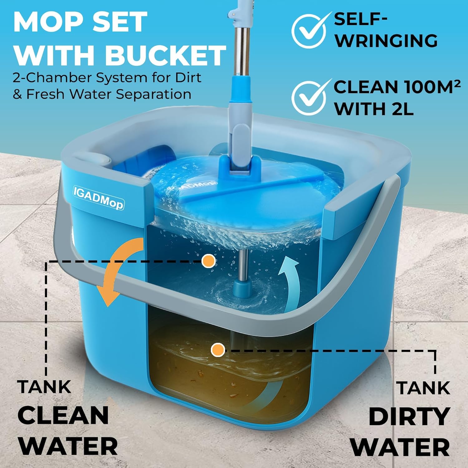 IGADMop Professional Set with Bucket, 2 Chamber System for Separating Dirty and Clean Water, 130 cm Telescopic Handle, 2 Microfibre Mop Pads, Floor Mop for All Surfaces with Efficient Wringing Function - Image 4