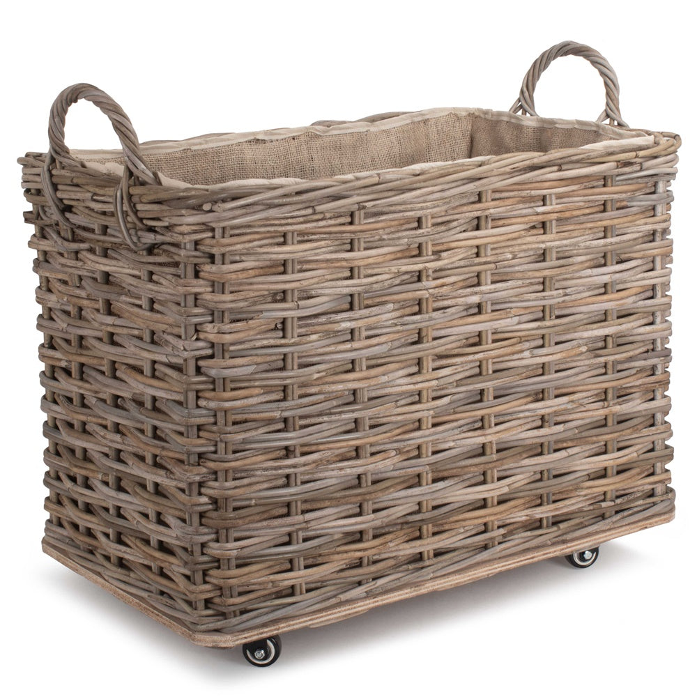 Wheeled Hessian Lined Rattan Log Basket - Image 6