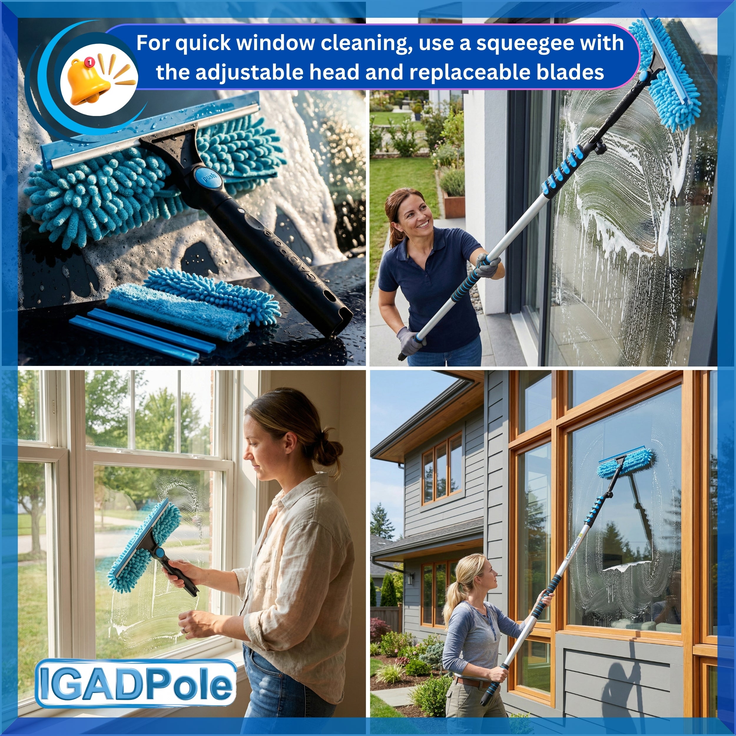 IGAD Pole 8.6m (28ft) Washing Kit: Water-fed Brush, Cobweb Duster and 10”(25cm) Squeegee and Soap Dispenser, with 6-stage Telescoping and & 1ft Curved Extension - Image 2
