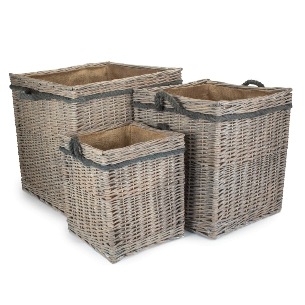 Wicker Grey Wash Square Hessian Lined Log Basket - Image 2