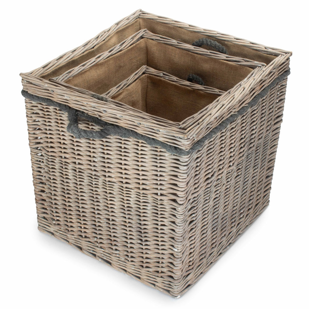 Wicker Grey Wash Square Hessian Lined Log Basket - Image 4
