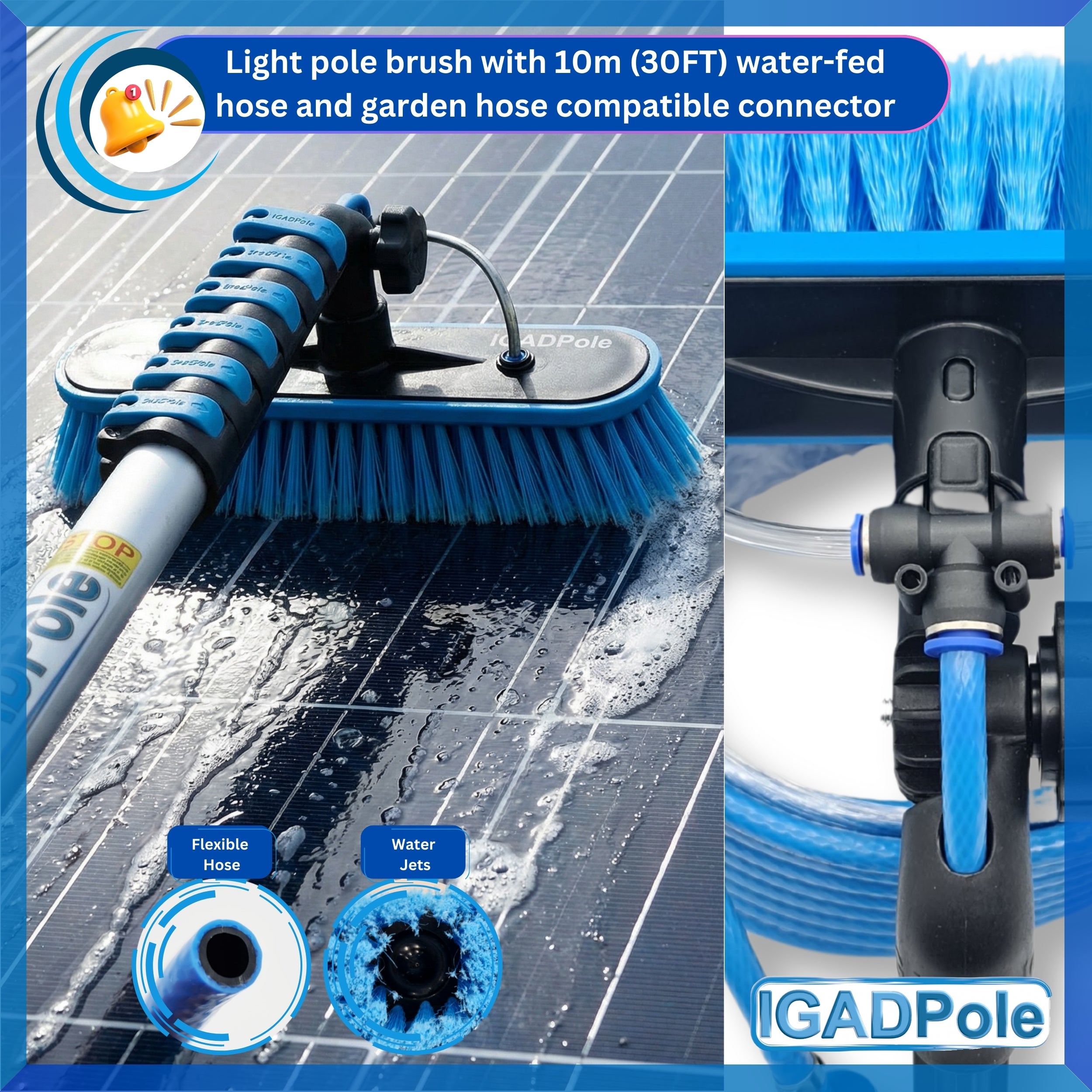 IGAD Pole 8.6m (28ft) Washing Kit: Water-fed Brush, Cobweb Duster and 10”(25cm) Squeegee and Soap Dispenser, with 6-stage Telescoping and & 1ft Curved Extension - Image 3