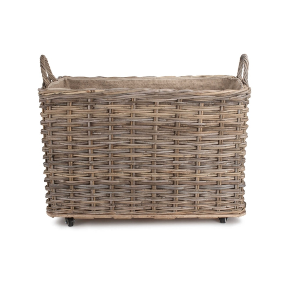 Wheeled Hessian Lined Rattan Log Basket - Image 3