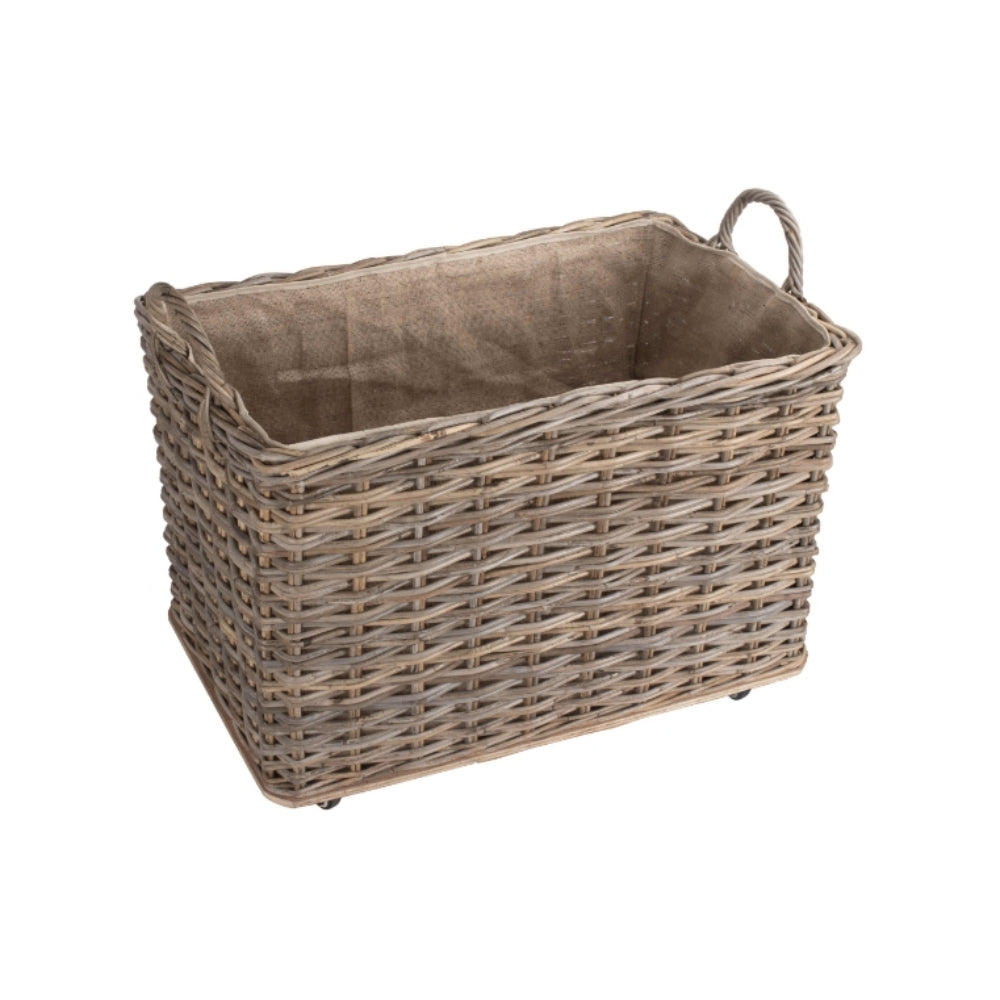 Wheeled Hessian Lined Rattan Log Basket - Image 7